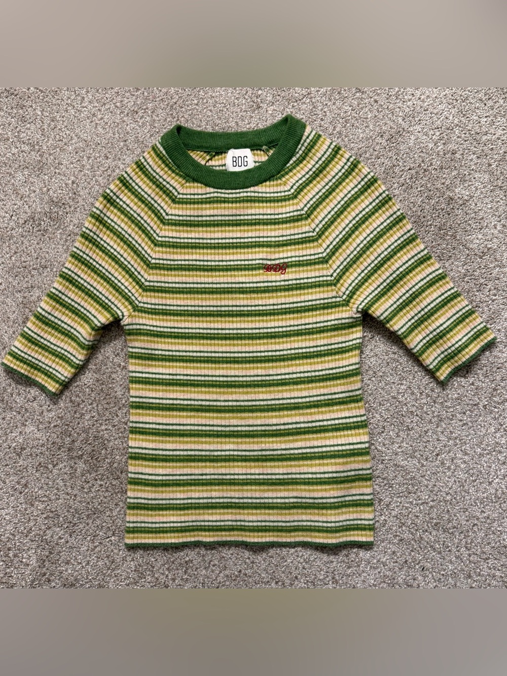 BDG Green & Cream Striped Rib-Knit Long Sleeve Tee